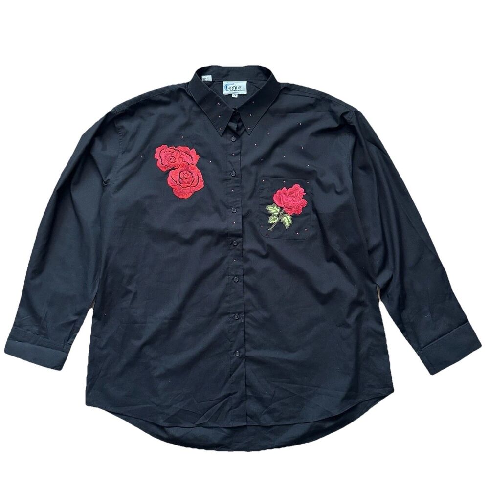 Vintage Las Olas Button Up Shirt Womens Plus Size 2X Floral Rose Black Long Slv